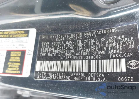 2014 Toyota Camry Se from USA, damaged, VIN 4T1BF1FK7EU348802